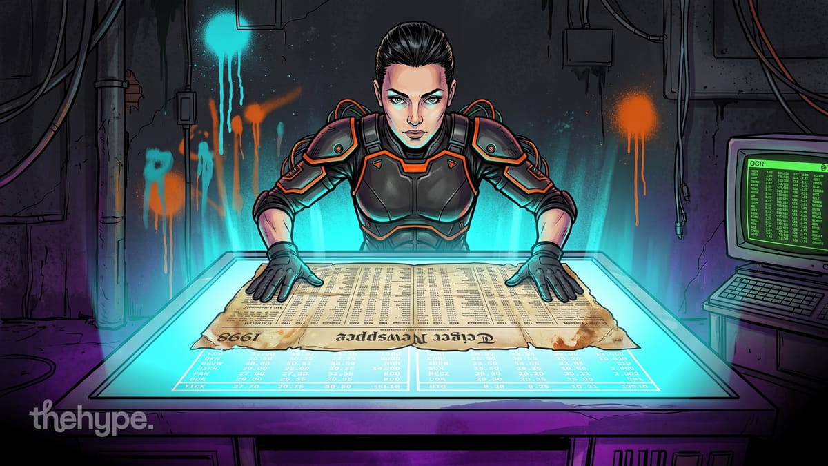 Armored figure scanning a 1998 newspaper stock page on a glowing table with OCR monitor in a cyberpunk setting