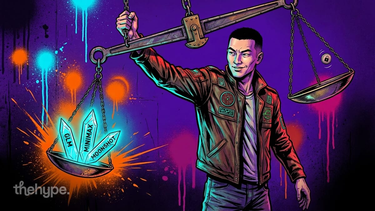 Comic-style man holding a balance scale with glowing crystals labeled GLM, Minimax, and Moonshot against a purple backdrop