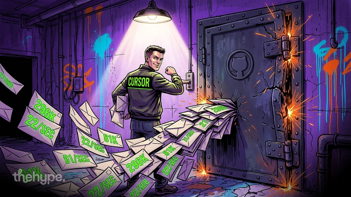 Illustrated figure in Cursor jacket forcing open a GitHub vault as envelopes with throughput stats spill out