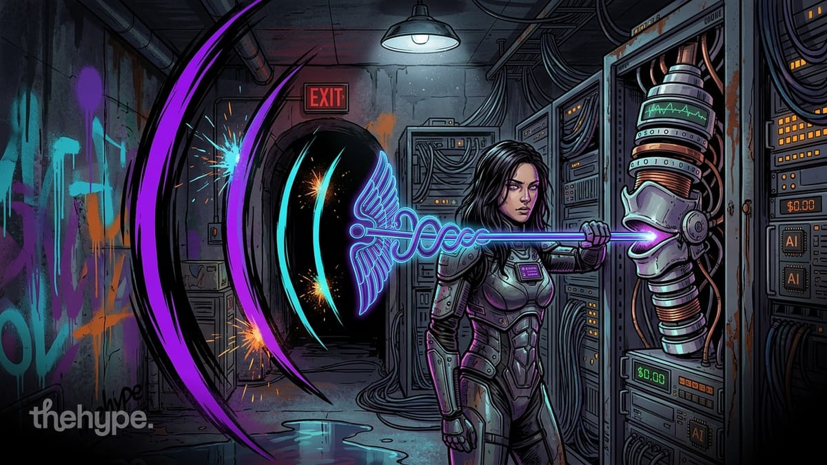 Cyberpunk illustration of armored woman wielding glowing caduceus weapon near AI server racks with purple portal and sparks