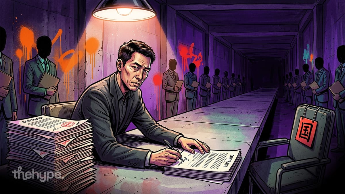 Illustration of a man signing contracts under a spotlight as silhouetted figures queue behind him in a dark corridor