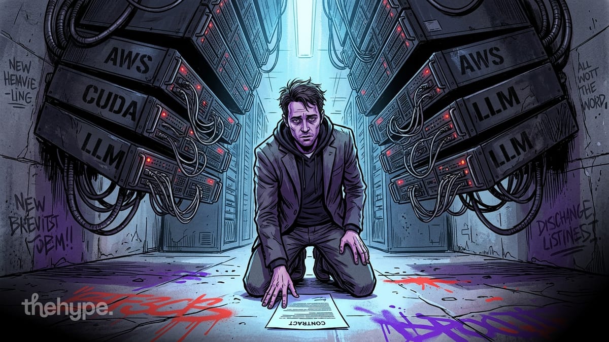 Comic-style founder kneels between massive AWS and LLM server racks, reaching for a contract on the ground in a dark corridor