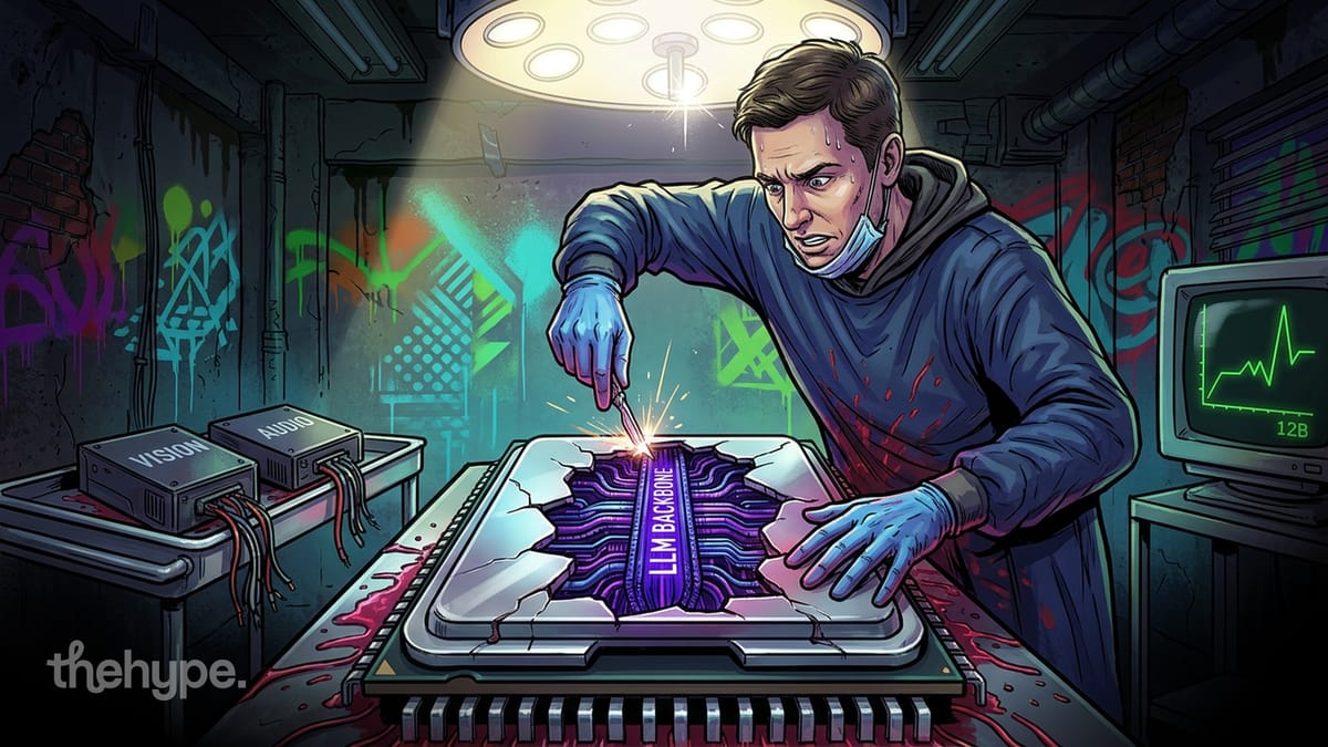 Surgeon cracking open a chip labeled LLM Backbone with Vision and Audio modules wired in, monitor showing 12B