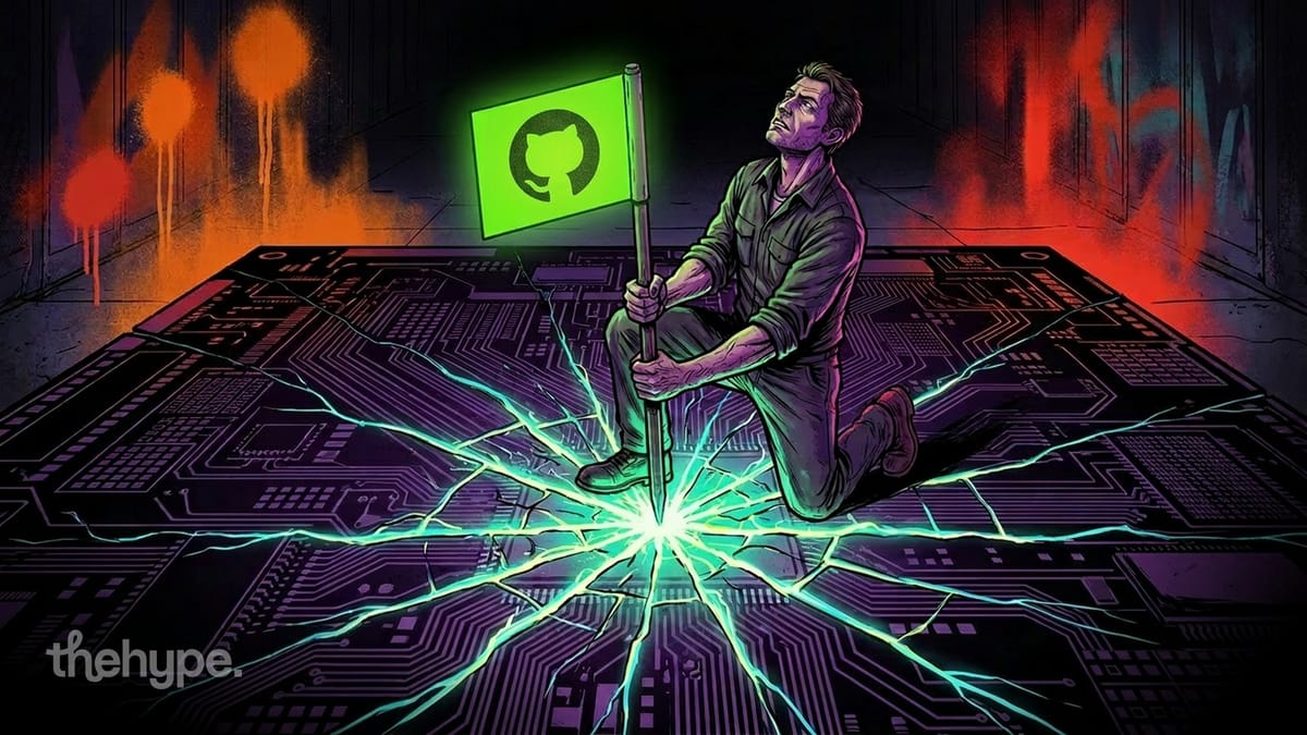 Man kneeling on cracked circuit board planting a GitHub flag with glowing cracks radiating outward, symbolizing AI constraint