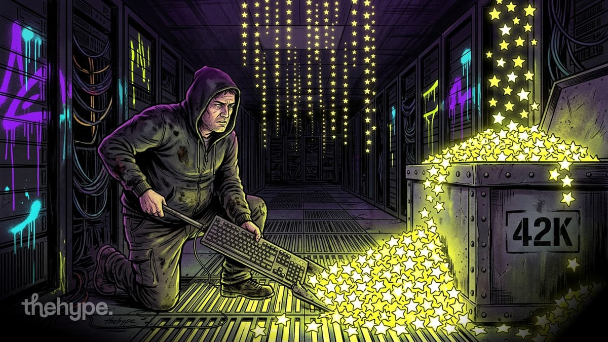 Hooded figure shoveling glowing stars with a keyboard into a 42K crate in a neon-lit server room
