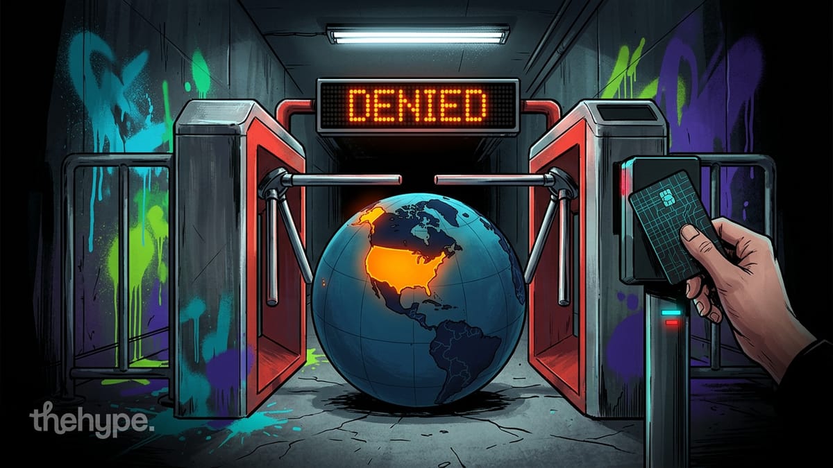 Globe with highlighted US stuck in red turnstile under DENIED sign, hand scanning card, illustrating AI access restrictions