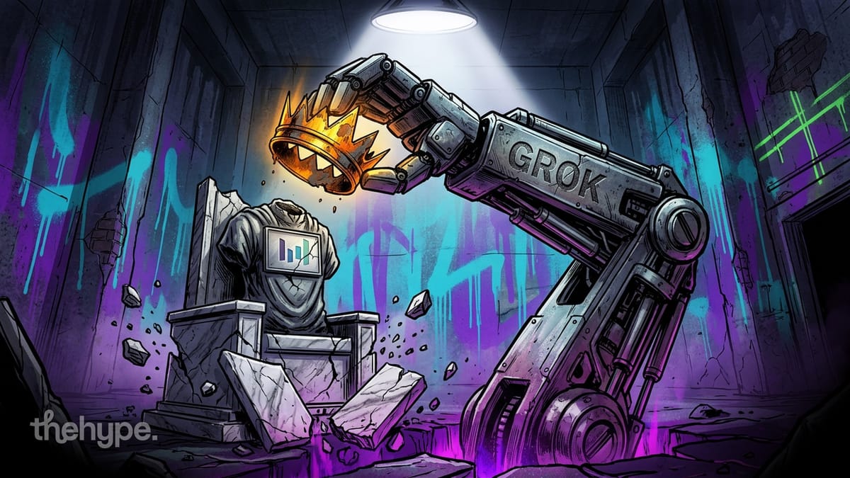 Robotic arm labeled Grok lifts a golden crown from a crumbling statue in a graffiti-lit arena, symbolizing xAI's new lead