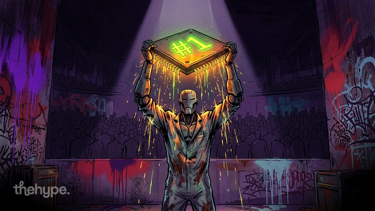 Robot holding glowing #1 chip above its head under spotlight in graffiti-covered arena, representing HiDream's top ranking