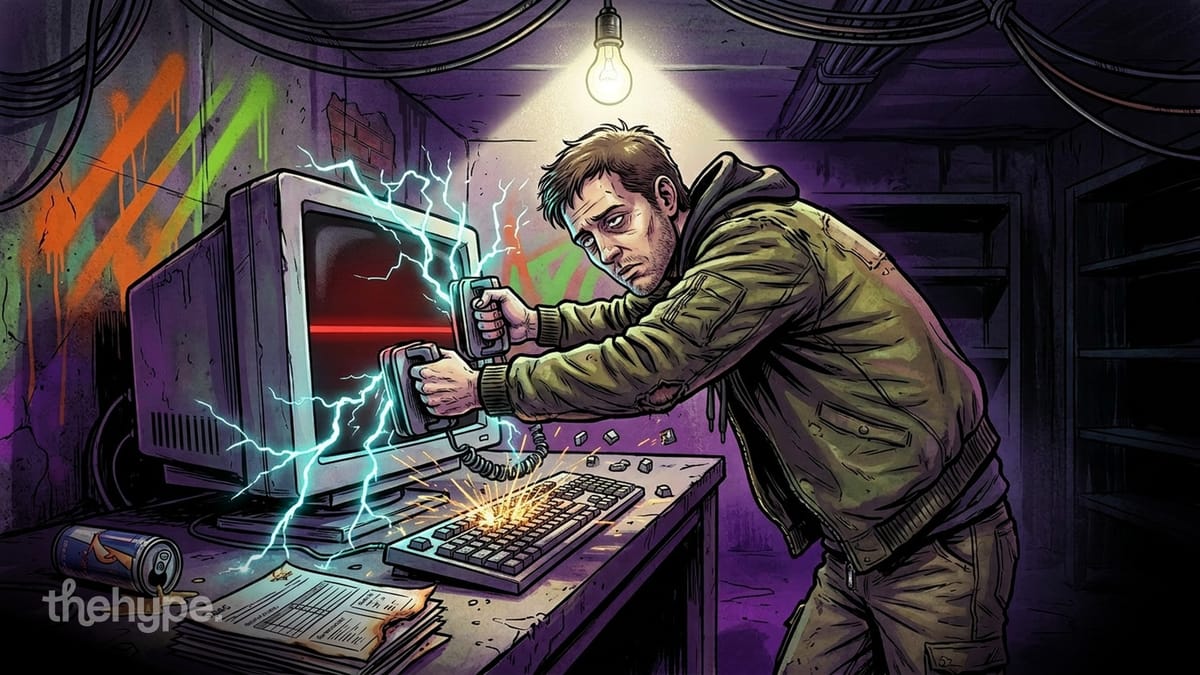 Man shocking a CRT monitor with defibrillator paddles in a dark room, sparks flying, illustrating stalled open-weight coding