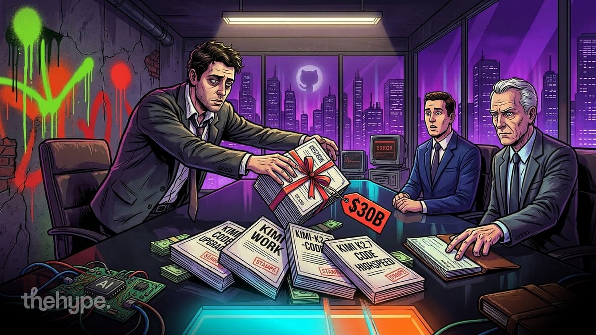 Illustration of men exchanging Kimi product documents labeled $30B in a neon-lit office with GitHub logo and AI chip