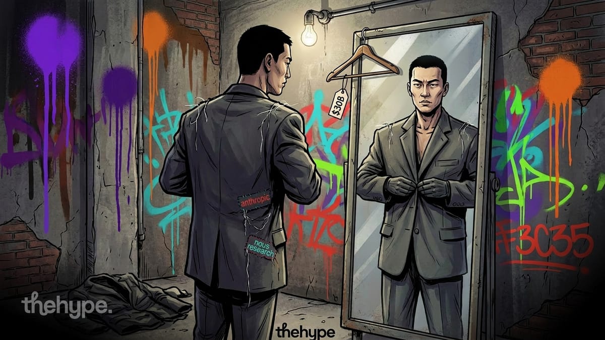 Man in patched suit labeled Anthropic and Nous Research faces polished mirror reflection with a $30B price tag