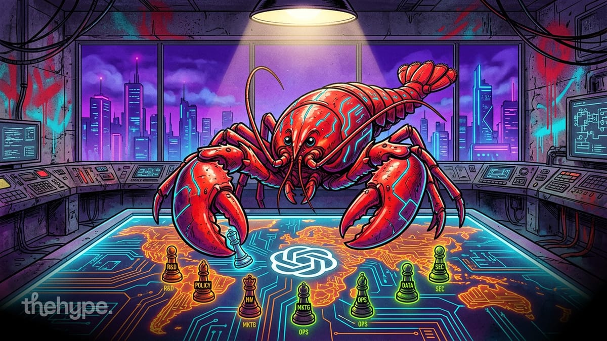 Giant red lobster moving chess pieces labeled R&D, Policy, and Ops on a glowing circuit board map with OpenAI logo