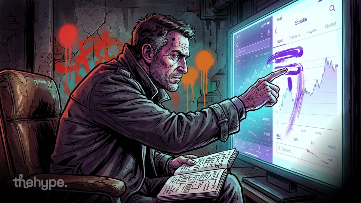Illustrated man pointing at a stocks app on a glowing screen with notebook in hand, representing autonomous AI coding agents