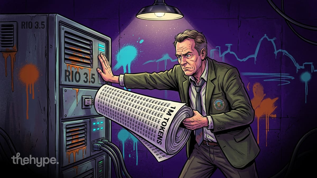 Illustrated government official unrolling a 1M Tokens scroll from RIO 3.5 server racks, visualizing Brazil's open AI model