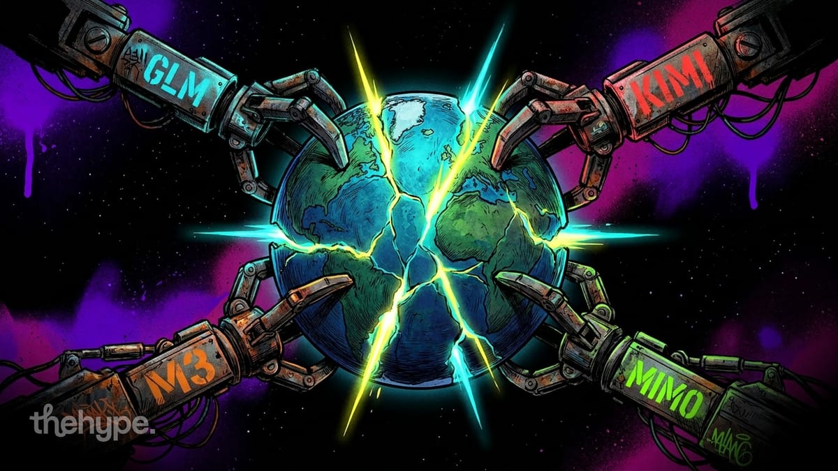 Four robotic arms labeled GLM, Kimi, M3, and MiMo clashing over a cracking Earth globe in comic book style