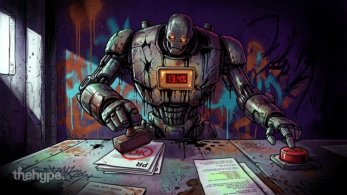 Weathered robot with 13.4% chest display stamps OK on code diff sheets near a red merge button in a graffiti-covered room