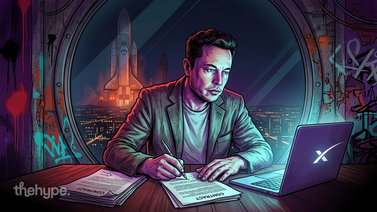 Illustrated figure signing contract at desk with rocket launchpad through window and laptop showing X logo