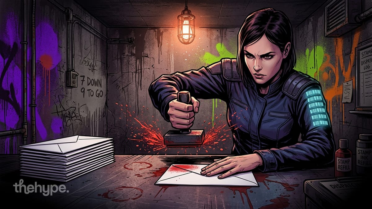 Comic-style officer stamps envelopes under dim light, wall reads 7 Down 9 To Go — AI lab release tracker for May 2026