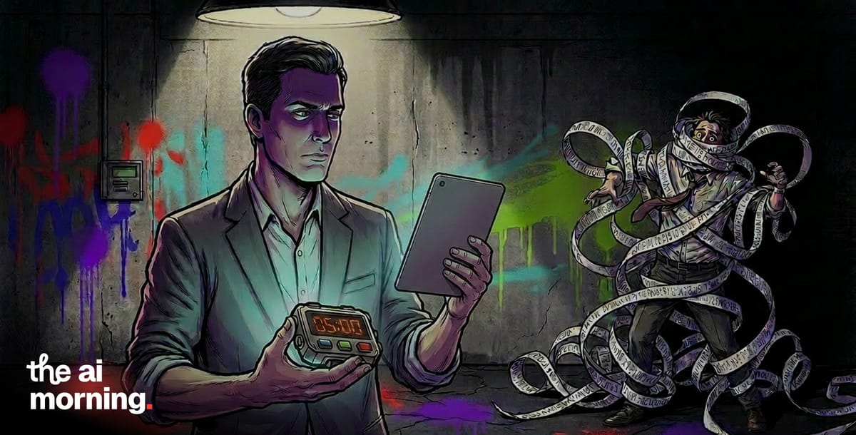Man in suit holds a tablet and a countdown timer; nearby figure is tangled and bound by long strips of printed text