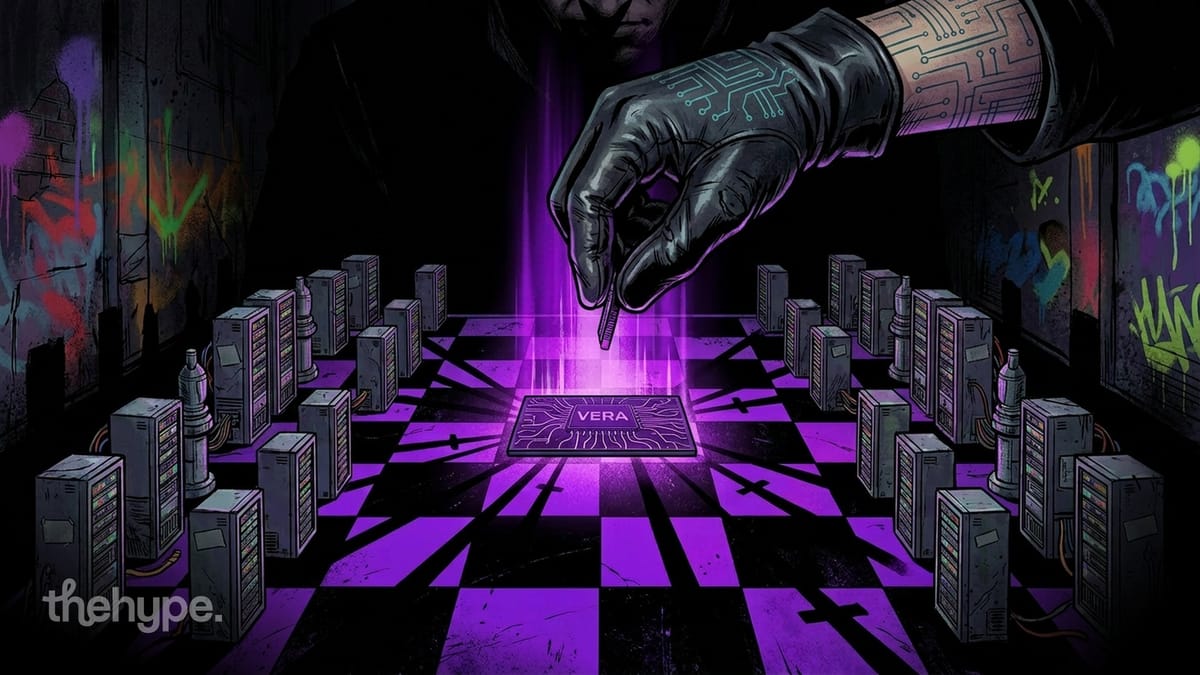 Gloved hand placing Vera chip on purple chessboard surrounded by servers, illustrating Nvidia's AI agent CPU strategy