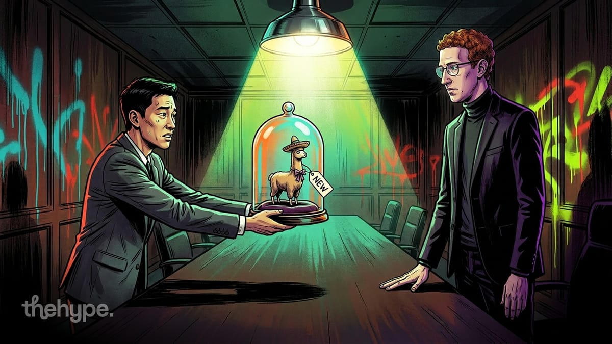 Man in gray suit presents llama figurine under glass dome labeled NEW to skeptical exec in dark graffiti-tagged boardroom