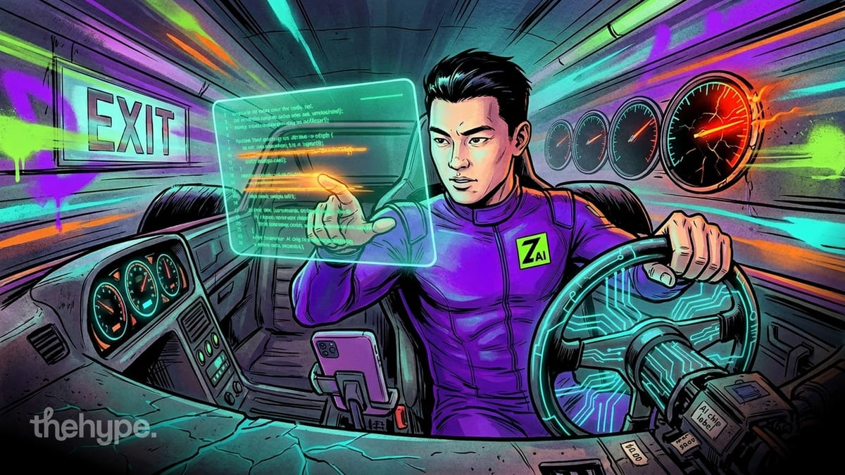 Comic-style driver in Z AI suit interacting with holographic code panel inside a futuristic cockpit with glowing gauges