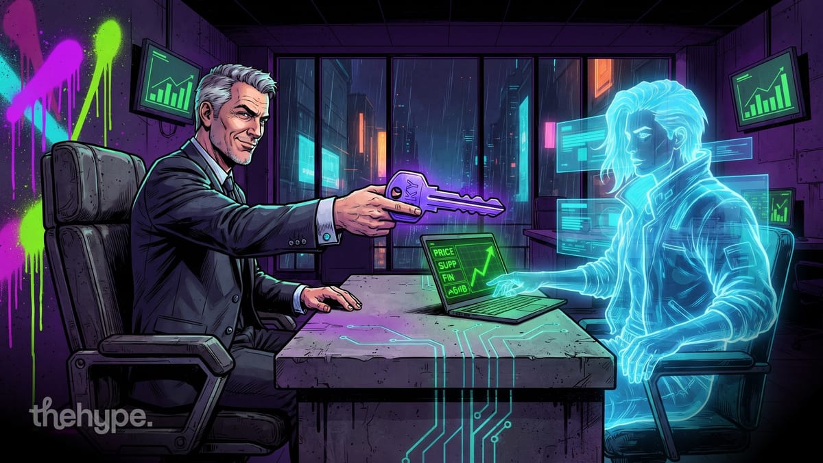 Suited executive handing a key to a glowing holographic figure across a neon-lit desk with financial charts