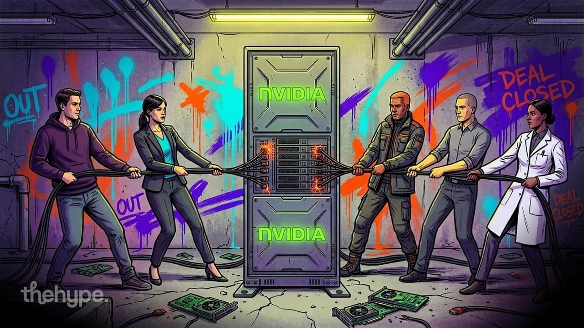 Illustrated figures in tug-of-war pulling cables from a glowing Nvidia server amid graffiti reading "out" and "deal closed"