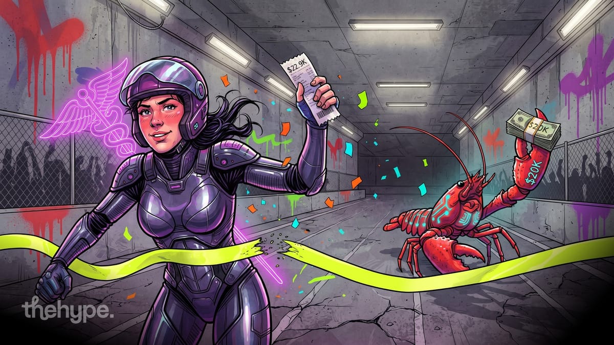 Armored figure crossing finish line with $22.9K receipt as a lobster holding $20K cash trails behind in graffiti tunnel