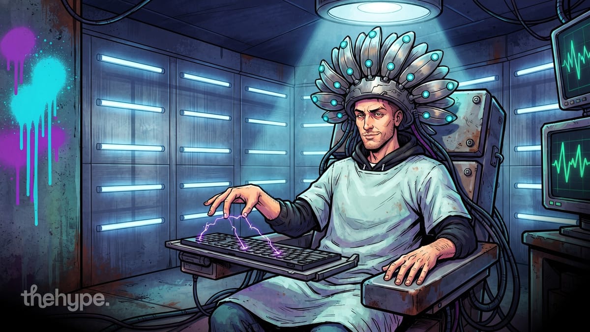 Cyberpunk illustration of a man wearing a brain-scanning headset typing on a keyboard with electric sparks in a dark lab