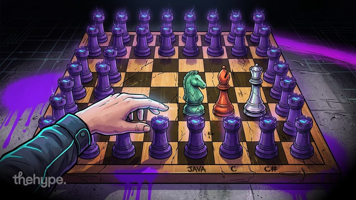 Illustrated chess board with purple rooks surrounding green knight, red bishop, and white queen labeled java, c, c#.