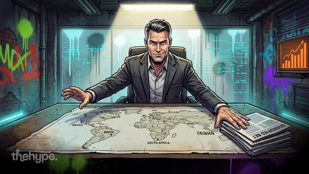 Illustrated man at desk over world map labeled Brazil, India, Taiwan with charts and graffiti on walls