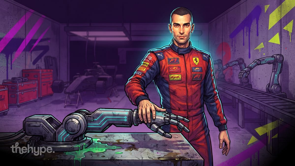 	Illustration of an F1 driver in red racing suit beside a robotic arm in a garage, on ex-red bull engineer funding factory robots