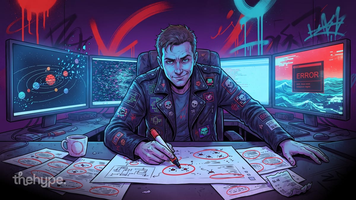 Cyberpunk illustration of a developer circling errors on papers at a multi-monitor desk with skull patches on his jacket