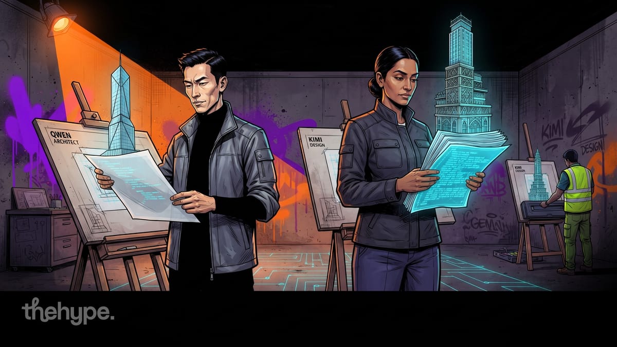 	Comic-style architects study glowing blueprints beside neon tower holograms labeled Qwen, Kimi and Gemini in a graffiti studio