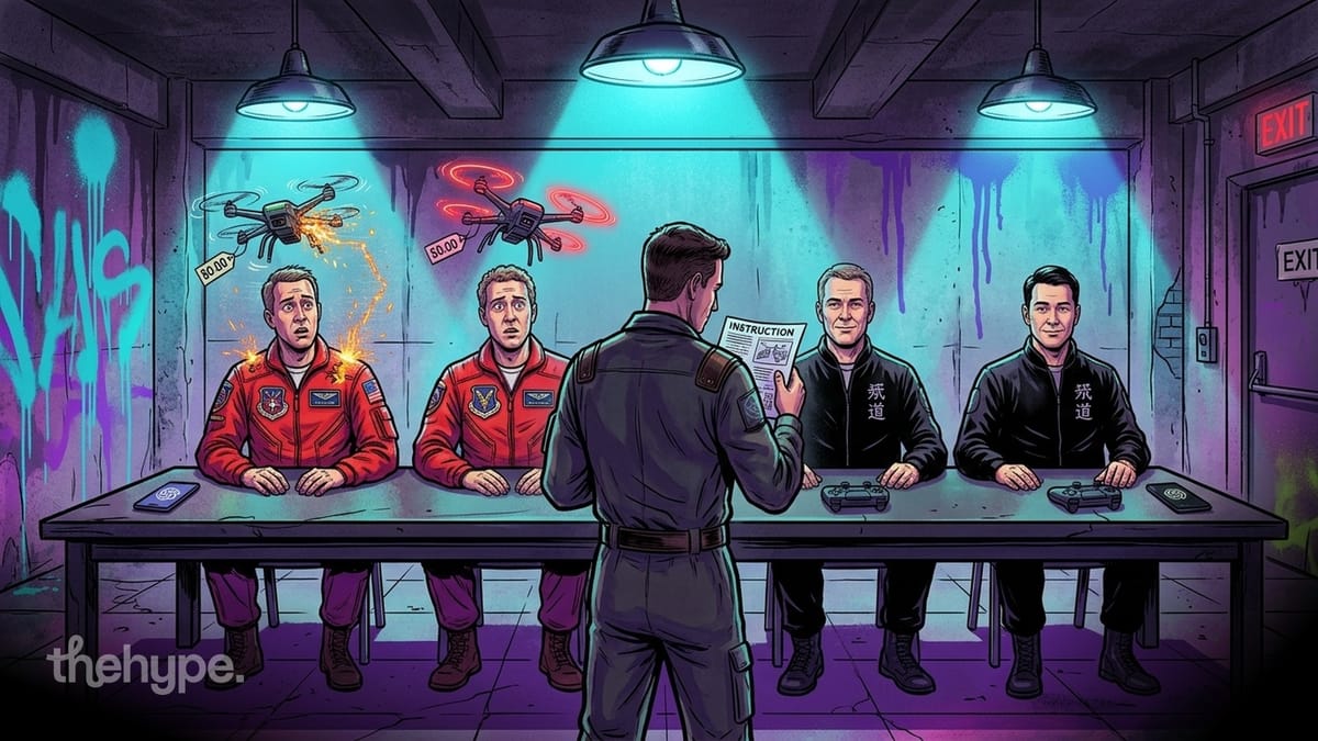Comic-style pilots in red and black jackets face off at a table as drones compete overhead in a gritty industrial room