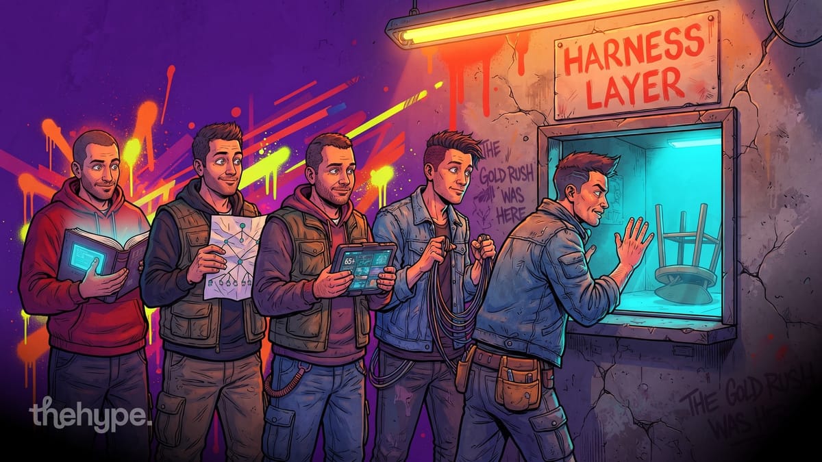 Illustrated developers holding books, diagrams, and tablets near a neon Harness Layer sign with graffiti