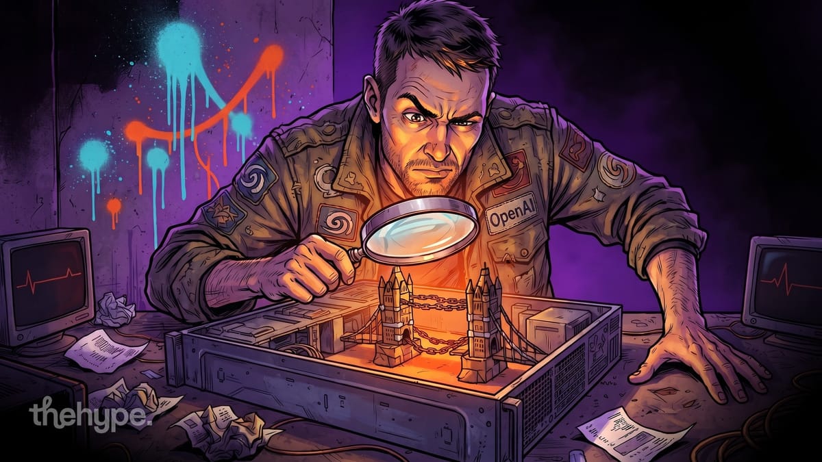 Man with OpenAI patch examines miniature chained London landmarks through magnifying glass, monitors glowing behind him