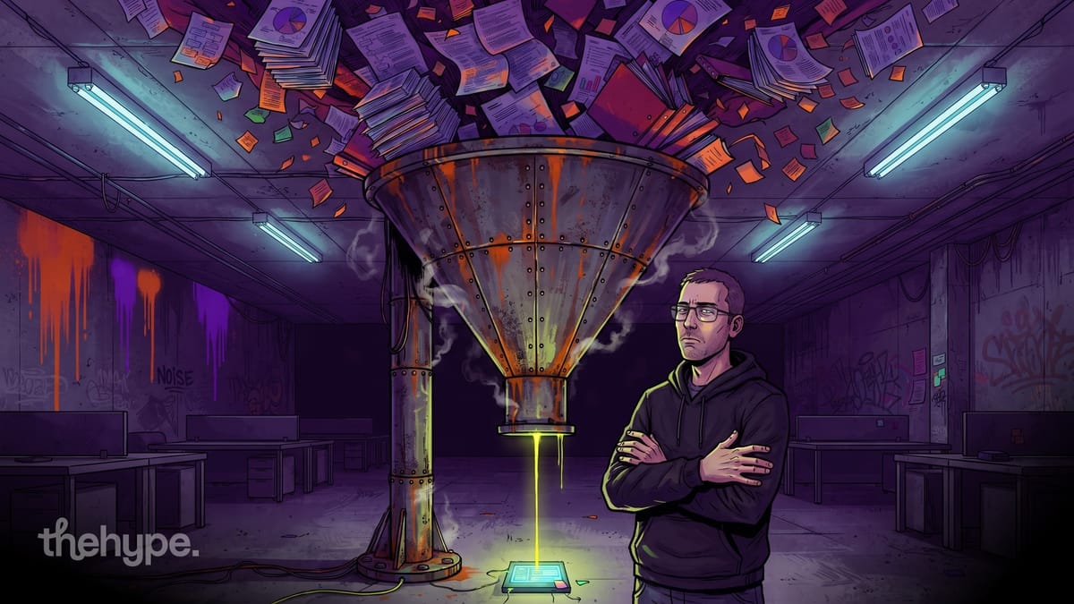Illustrated man with arms crossed beside a giant funnel compressing floating documents into a single glowing drop in a dark office
