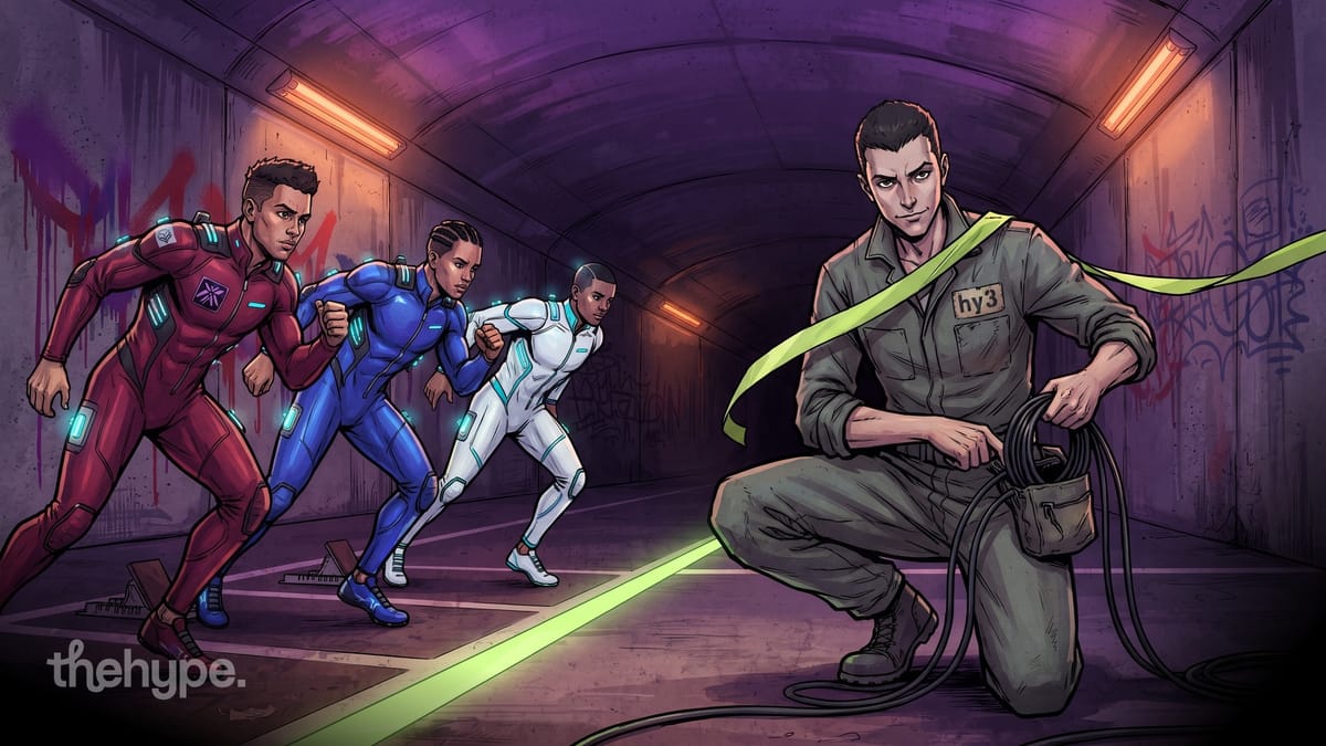 Comic sprinters in colored suits race while a crouching mechanic in "hy3" coveralls holds a cable — an ai coding-model race.