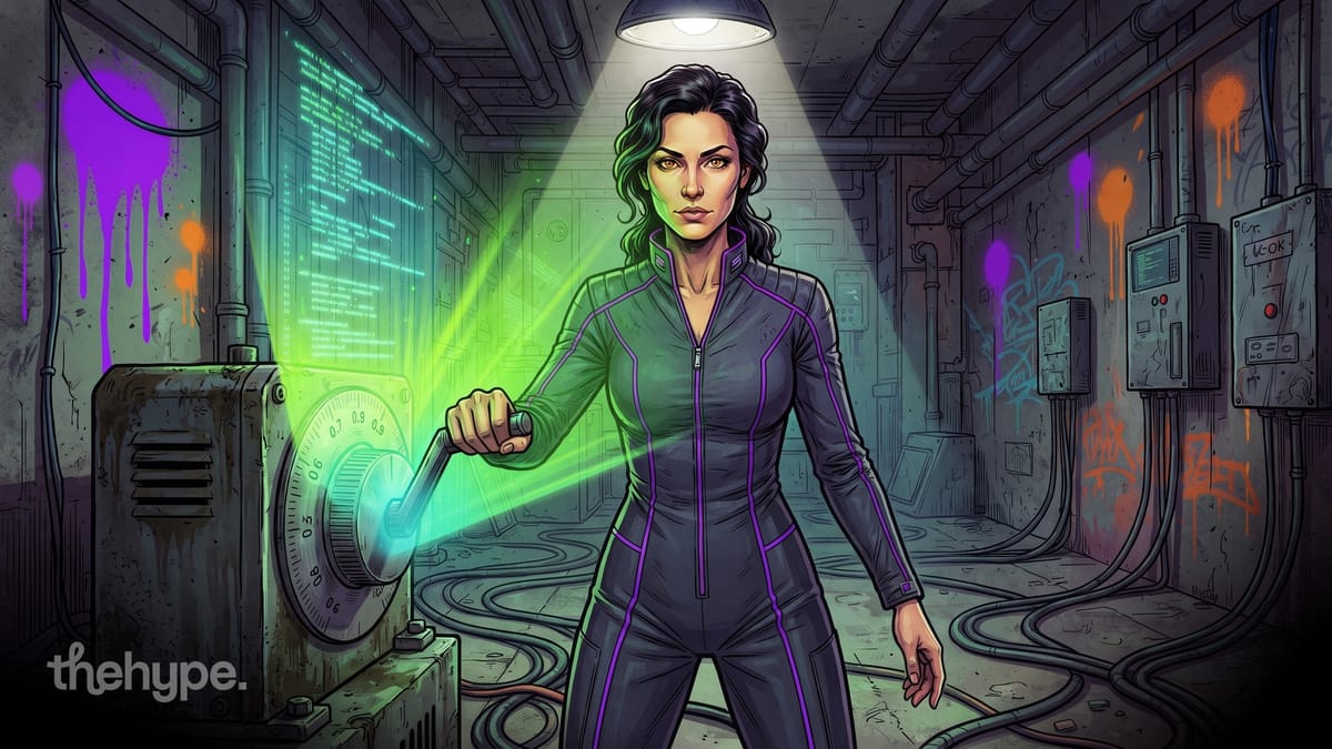 Woman in dark suit turns a glowing green safe dial in a graffiti-lit basement, evoking cracking open AI model benchmarks.