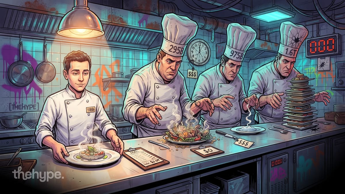 	Four chefs in a graffiti kitchen with hats reading 118b, 295b, 975b, 1.6t plating dishes, mapping ai coding model sizes