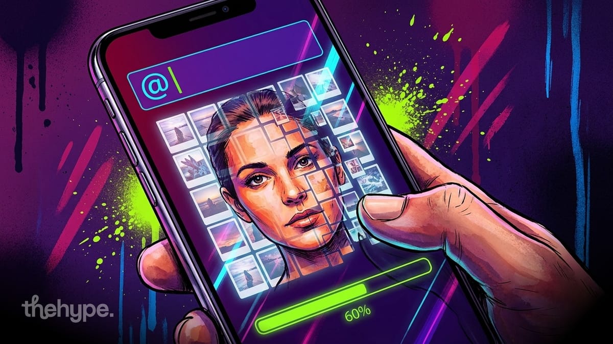 Hand holding a phone showing an @-mention field building a woman's face from a photo grid at 60%