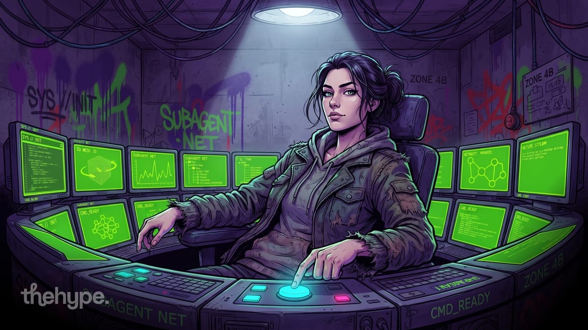 Illustrated operator at a multi-monitor console with green subagent network screens and graffiti-tagged walls