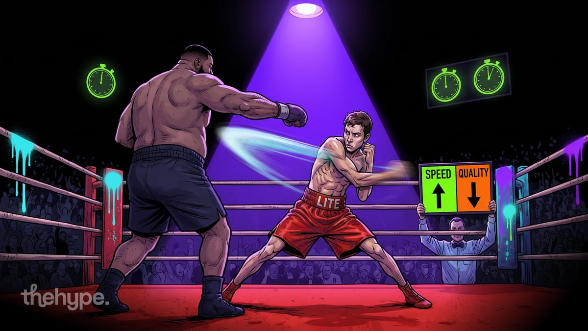 Boxing ring illustration with a large fighter punching a smaller fighter labeled Lite, with Speed up and Quality down signs
