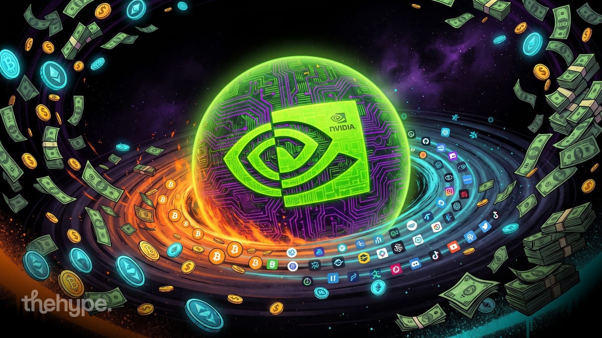 Nvidia GPU chip sphere surrounded by swirling money, crypto coins, and app icons in cosmic vortex illustration
