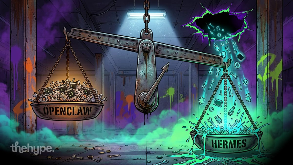 Rusted scale weighs openclaw's device pile against hermes' glowing tools, illustrating the ai agent rivalry between them.