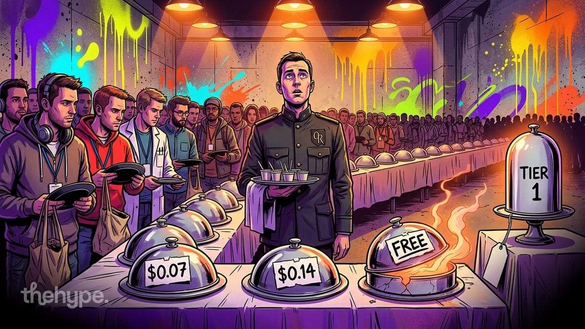 Illustration of a server in uniform serving silver cloches labeled Free and $0.07 to a crowd of developers