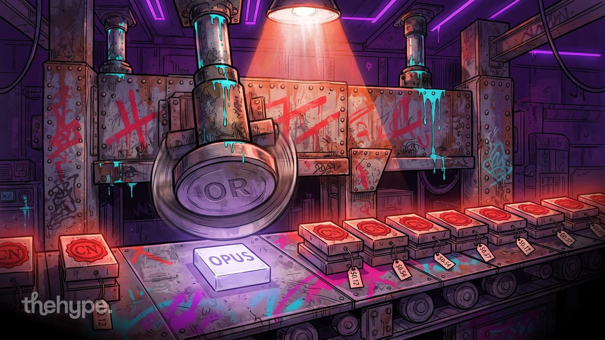 Factory press stamps an "OPUS" box on a conveyor belt of price-tagged crates with "CN" graffiti, neon-lit industrial scene