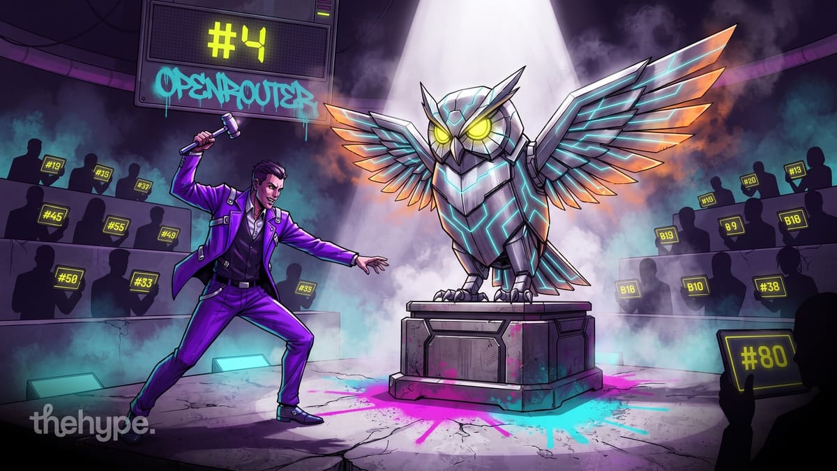 Auctioneer with gavel presents metallic owl on pedestal in neon-lit auction hall with #4 display and OpenRouter graffiti